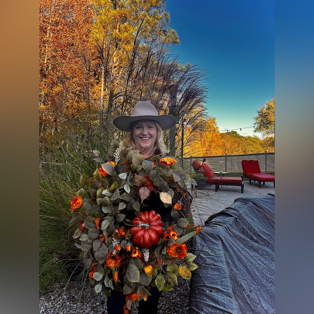 Autumn Floral Wreath with Red Pumpkin Accent